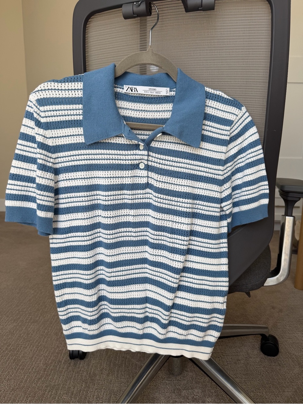 Zara Blue and White Striped Knit Polo
